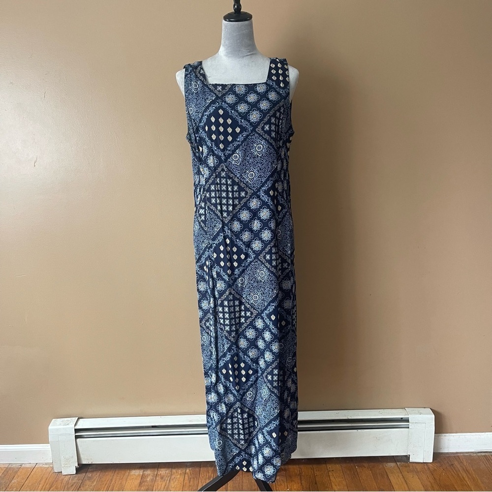 Corey Lynn Calter CLC Navy Patchwork Print Maxi Dress Size 14 100% rayon